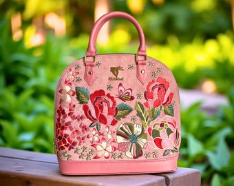 Pink Handbag for Women, Embroidered Floral Designer Purse