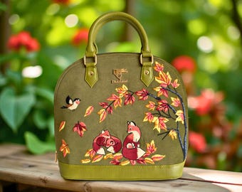 Green Satchel Bag for Women, Floral Embroidered Purse