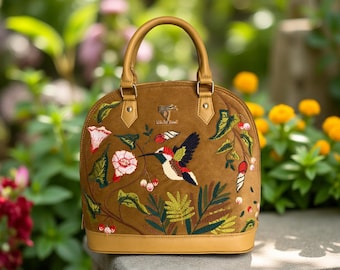 Embroidered handbag for women, hummingbird vegan leather designer purse