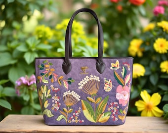 Purple Floral Tote Bag for Women, Daisy Garden Shoulder Bag, Lavender Botanical Handbag, Vegan Leather Travel Tote, Flower Lover Gift