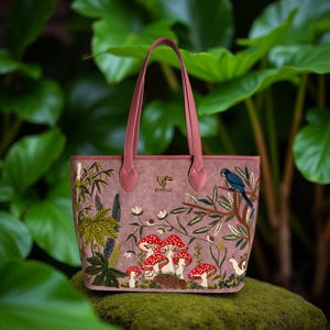 Designer Office Bag For Women: Jungle Embroidery on Pink Suede Velvet, Work & Beach Tote