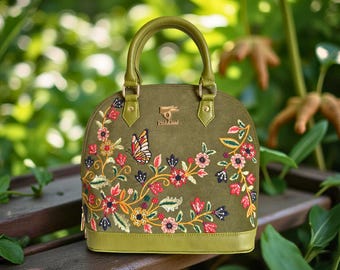 Vintage Embroidered Designer Handbag for Women, Vegan Leather Nature Inspired Floral Mini Bag