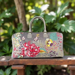 Overnight Weekender Travel Duffel Bag: Floral Embroidery on Suede Velvet crafted with Vegan Leather