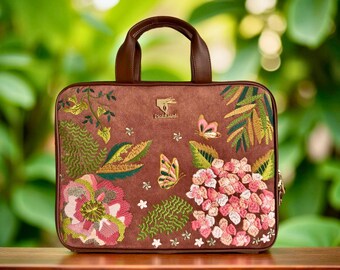 MacBook Sleeve: Floral Embroidered Brown Leather Padded Laptop Sleeve for 13 to 16 Inch