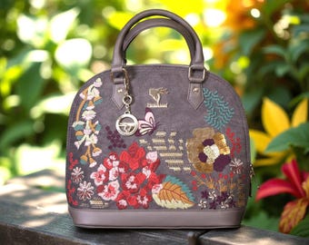 Designer Embroidered Handbag for Women, Top handle Vegan Leather Nature Inspired Floral Mini handbag