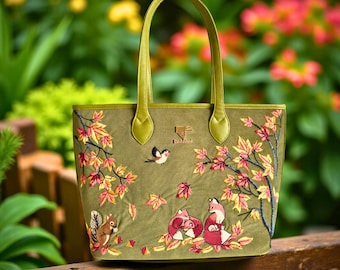 Large Tote Bag for Women Autumn Embroidered Fox Woodland Travel Shopping Everyday Gift