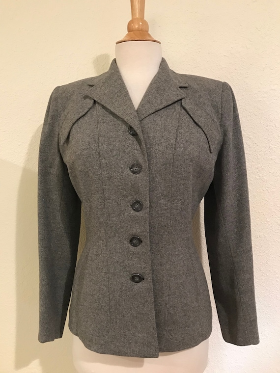 Vintage 1940s Grey Wool Fitted Tailored Suit Jacke