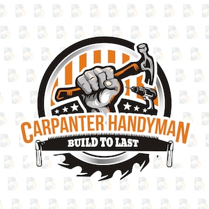 May include: A carpenter handyman logo featuring a hand gripping a hammer, a drill, and the text "CARPENTER HANDYMAN BUILD TO LAST." The design includes a saw blade and stars, with orange and black accents on a white background.