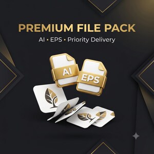 Può includere: Una grafica per un pacchetto di file digitali con il testo PREMIUM FILE PACK, AI, EPS e Priority Delivery. Due icone di file 3D bianche e dorate etichettate AI ed EPS fluttuano sopra carte quadrate bianche con un logo a forma di foglia.