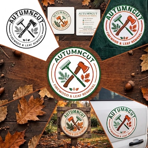 May include: A circular logo for AUTUMNCUT FIREWOOD & LEAF REMOVAL featuring a crossed rake and axe, pine needles, and oak leaves. The design is presented in black and white, full color, on a business card, a patch, a wooden sign, and a vehicle.
