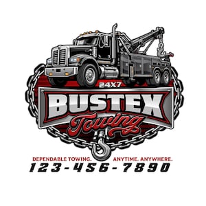 May include: A graphic logo featuring a black tow truck above a silver metallic plaque with the text BUSTEX TOWING and 24X7. The design is framed by a heavy metal chain and a large hook, with the text DEPENDABLE TOWING. ANYTIME. ANYWHERE. 123-456-7890.