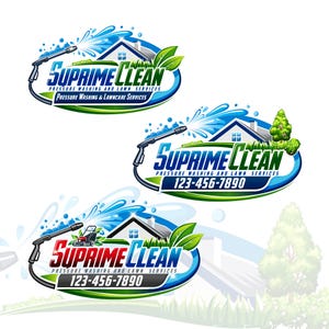 May include: Three variations of a logo for "Suprime Clean" featuring a pressure washer, a house, and lawn care elements. The logos are in blue, green, and red, with the text "Pressure Washing and Lawn Services" and a phone number.