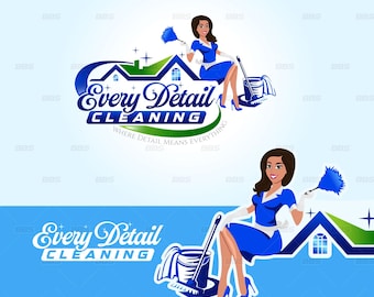 Cleaning Service Logo Design – Cartoon Maid, Housekeeping Branding