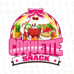 Può includere: Un logo vivace per "Coquette Snack" con un design rosa e bianco. L'immagine include un ananas, una bevanda con bordo rosso e una ciotola di mais. Un fiocco rosa e ciliegie in alto.