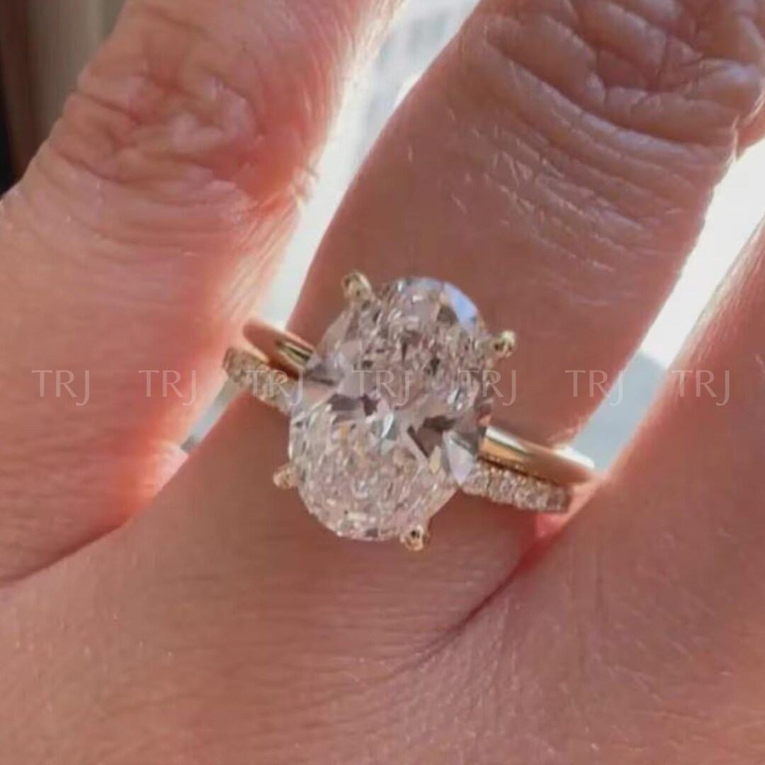 4CT Oval Cut Moissanite Engagement Ring Set 14k Solid Gold Pavé ...