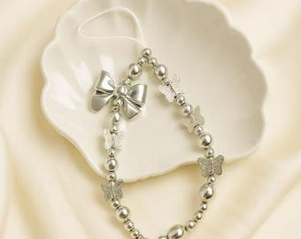 Handmade Butterfly Phone Charm Keychain – Silver Beads and Bow Accessory for Phones & Bags - Aesthetic Keychain Charm Gift for Her