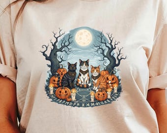 Halloween Witchy Cats T-Shirt | Spooky Cat Coven Tee | Full Moon Pumpkin Shirt | Magical Fall Aesthetic Cat Lover Gift