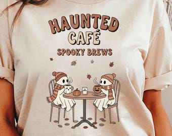 Vintage Haunted Cafe T-Shirt: Spooky Brew Coffee, Fall Vibes