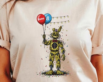 Chemise d'anniversaire FNAF Springtrap personnalisée - Ballons personnalisés, t-shirt Gamer Party d'horreur