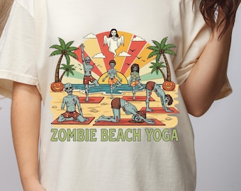 Vintage Zombie Beach Yoga T-Shirt: Retro Halloween Tee