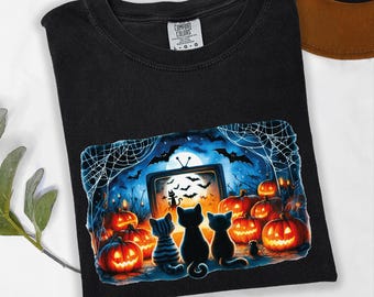 T-shirt Halloween avec un chat regardant la télévision : T-shirt aux couleurs effrayantes et confortables