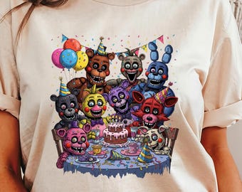 Chemise de fête d'anniversaire chaotique et ironique FNAF, chemise de jeu d'arcade rétro, Five Nights at Freddy's. Chemise rétro Freddy Fazbear, t-shirt jeu d'horreur