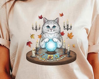 -shirt du tarot du chat sorcière | chat boule de cristal mystique | chemise graphique spirituelle | Cadeau esthétique d'automne pour les amoureux des chats