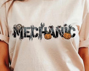 Chemise de mécanicien d'Halloween - T-shirt de réparation automobile toile d'araignée, citrouilles de garage fantasmagoriques