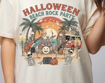 Skeleton Rock and Roll Beach Party Shirt: Halloween Music Lover Tee