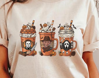 Spooky Season Coffee T-Shirt: Horror Movie Icons