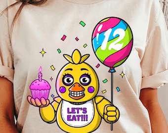 Chemise d'anniversaire personnalisée FNAF, chemise Chica personnalisée, Five Nights at Freddy's. Chemise Freddy Fazbear rétro, t-shirt jeu d'horreur, t-shirt anniversaire