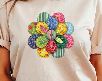 -shirt patchwork floral patchwork patchwork | T-shirt à motif floral et appliqué coloré | Chemise cadeau matelassée