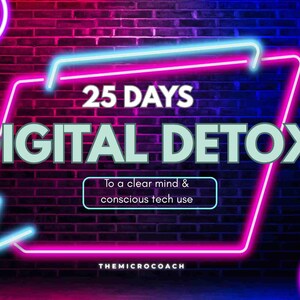 May include: A digital detox graphic on a brick wall background. The text reads "25 DAYS DIGITAL DETOX" in a neon style, with additional text below that says "To a clear mind & conscious tech use". The graphic is framed by a neon pink and blue border.