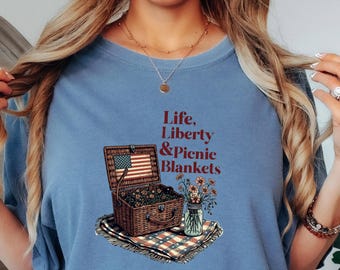 Life Liberty Picnic Blankets Shirt, Patriotic Picnic T-Shirt, Vintage Americana Tee, 4th of July Family Matching Shirt, USA Summer Gift