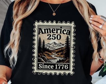 America 250 Since 1776 Vintage Stamp T-Shirt, Patriotic Mountain Landscape Tee, 4th of July Americana Gift, USA 250 Shirt