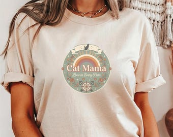 Cat Mama Shirt, Vintage Floral Cat Lover Tee, Retro Rainbow Cat Mom Shirt, Cute Pet Mom Gift for Women
