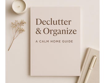 May include: A neutral-toned book titled "Declutter & Organize: A Calm Home Guide" is displayed. A small candle in a ceramic holder, a sprig of dried flowers, a notebook, and a pen are arranged around the book on a light-colored surface.