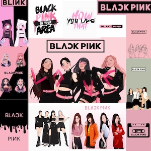 以下が含まれることがあります： Blackpinkのグループをフィーチャーしたイラストとテキストのコラージュ。アートワークには、メンバーの様式化された肖像画、グループのロゴ、「Blackpink in your area」や「How you like that」などのフレーズが含まれています。配色は主に黒とピンクです。