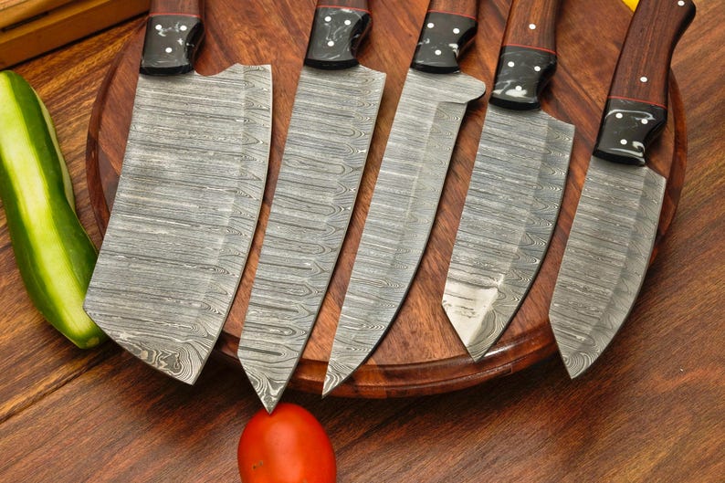 手鍛造ダマスカス鋼製シェフナイフ5点セット、木製樹脂ハンドルキッチンナイフ 画像 3