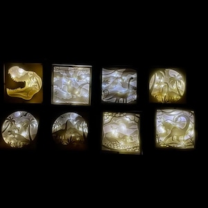 May include: A collection of eight illuminated dinosaur-themed shadow boxes. The designs include a T-Rex skull, various dinosaurs in landscapes, and palm trees. Each box glows with a warm, inviting light, creating a unique decorative effect.