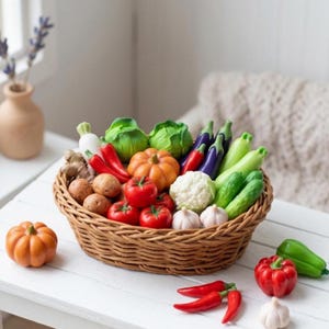 Verduras en miniatura para casa de muñecas: tomate, berenjena, pimentón, nabo y repollo en miniatura. Verduras pequeñas para una cocina en miniatura a escala 1:12.