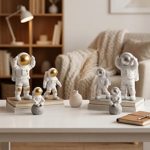 Puede incluir: Un conjunto de seis figuras de astronautas blancas en dos grupos, con tres cascos dorados y tres cascos plateados. Las figuras adoptan diversas posturas, incluyendo de pie y sentadas sobre pequeñas esferas grises similares a lunas, sobre libros.