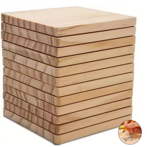 May include: A pile of square, untreated wooden blocks. The blocks are light brown and appear to be made of pine. The edges are smooth and the wood grain is visible. The blocks are stacked neatly, forming a cube shape. The blocks are likely for crafts or building.