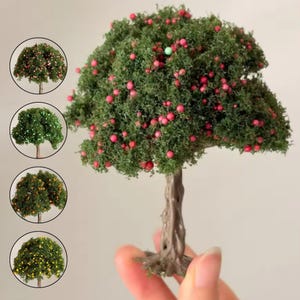 May include: A miniature tree with a textured brown trunk and a full, green canopy dotted with small, red berries. Four smaller trees in circles show different colored lights. The tree is held by a person's hand.
