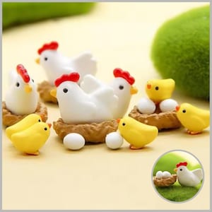 Cute Miniature Hen Chicken, Mini Chicken Figurine Set, Miniature Farm Little Chickens, Egg + Chicken Family for Diorama and Dollhouse