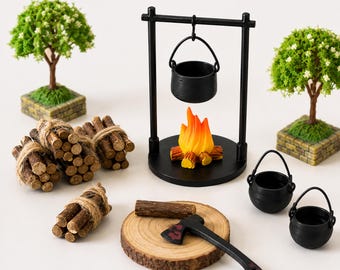 Miniature Campfire Scene | Miniature Teapot Decor | Tiny Camping Scene | Dollhouse Kitchen Accessories | Diorama Props | Gift for Collectors