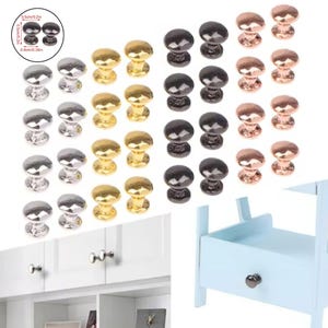 Peut inclure: Ensemble de petits boutons de meubles en finitions métalliques variées : argent, or, noir et or rose. Les boutons sont ronds avec un design en forme de champignon. Un tiroir miniature bleu est montré avec un bouton noir. Mesures : 0,5 cm et 0,4 cm.