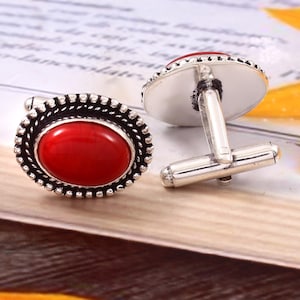 Red Coral Cufflinks, 925 Sterling Silver Cufflinks, Natural Gemstone Button, Handmade Red Stone Cufflinks, Men&#39;s Formal Jewelry Gift
