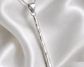 925 Sterling Silver Hammered Bar Pendant, Minimalist Handmade Long Stick Necklace