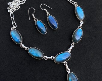 Blue Flash Labradorite Jewelry Set: Sterling Silver Necklace and Earrings